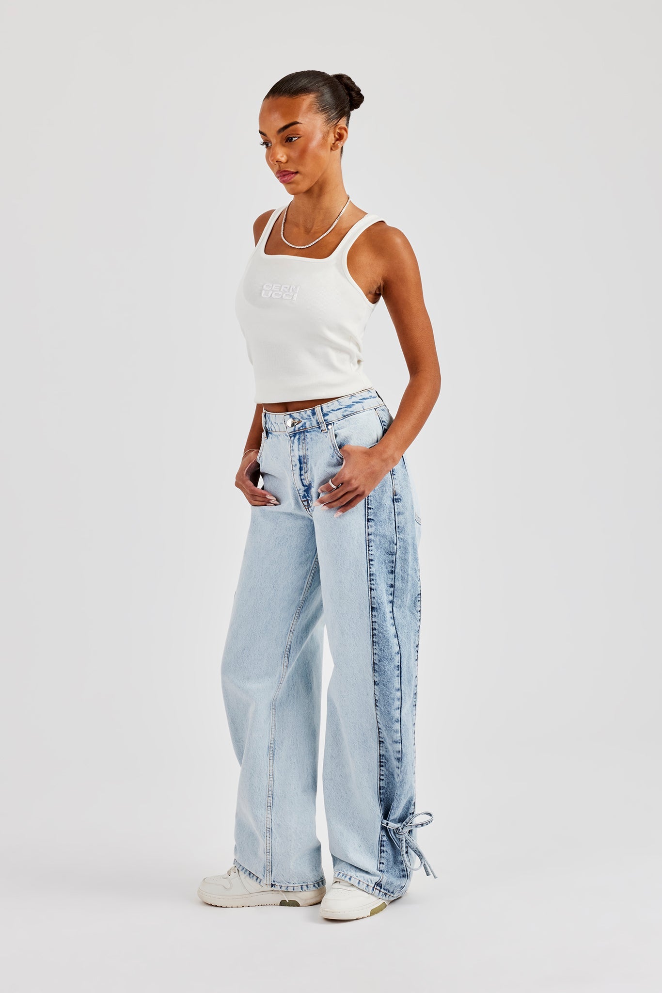 Contrast Panel Tie Bottom Baggy Jean - Ice Blue