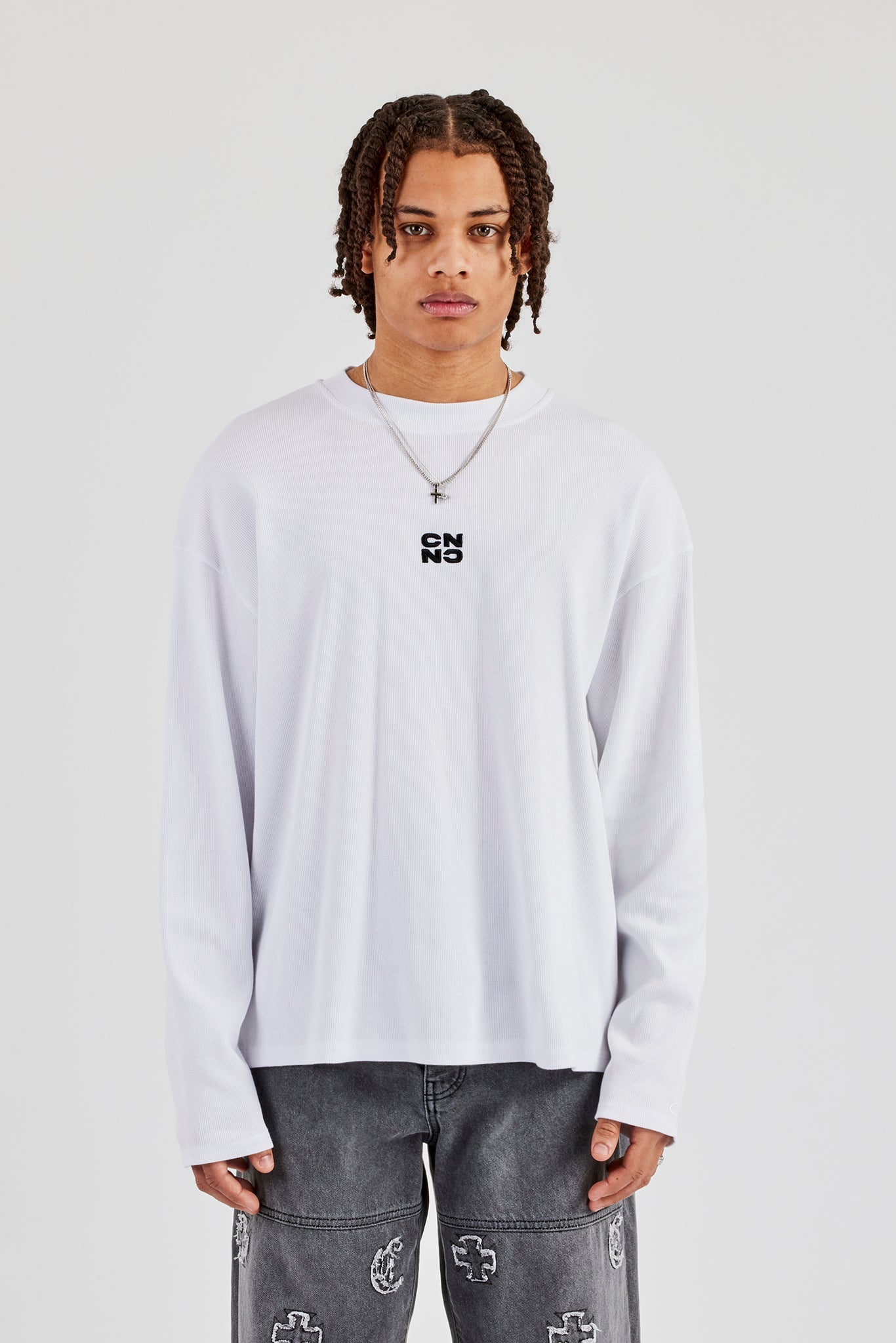 Ribbed Long Sleeve Embroidered T-Shirt - White