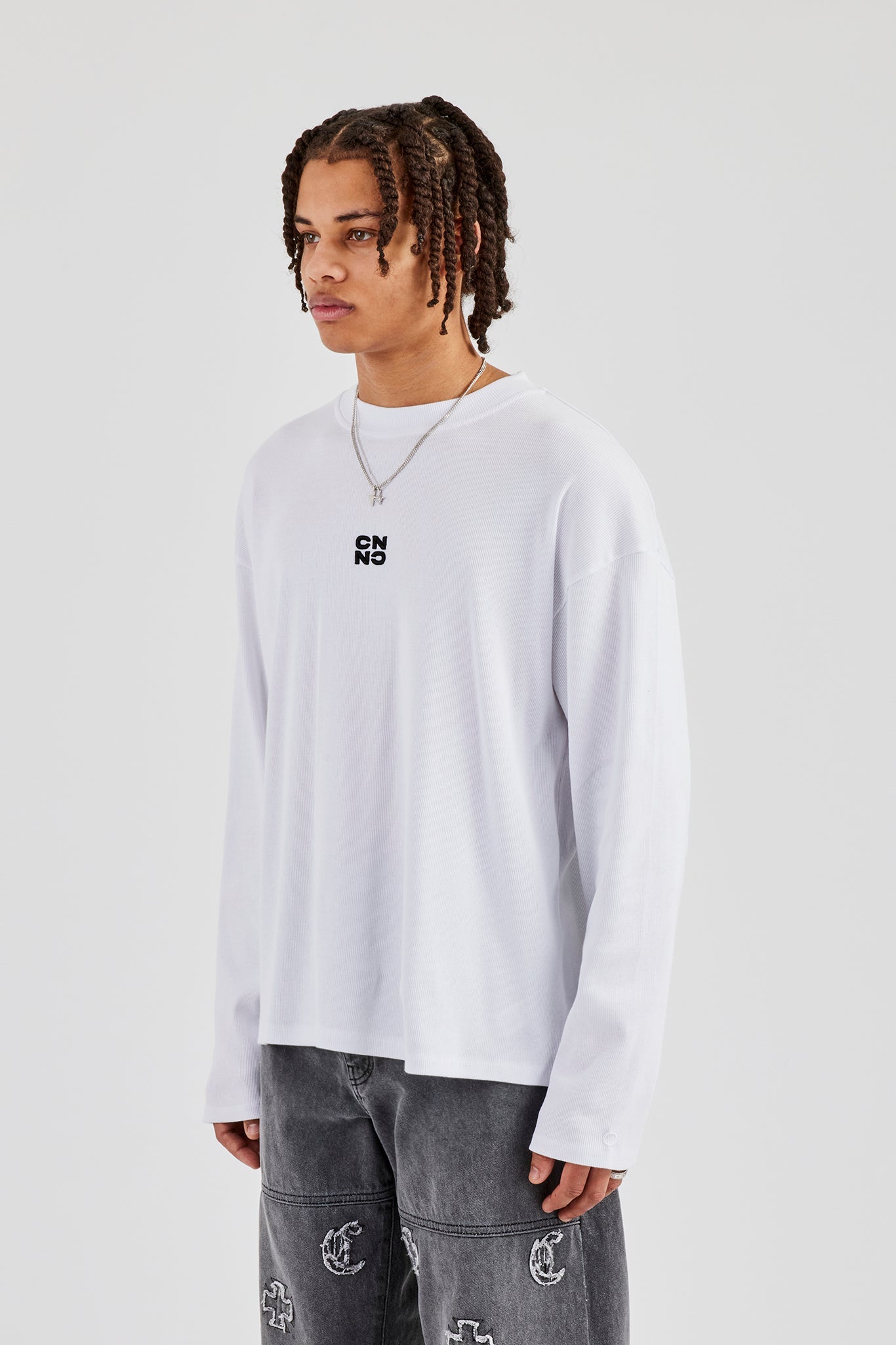 Ribbed Long Sleeve Embroidered T-Shirt - White