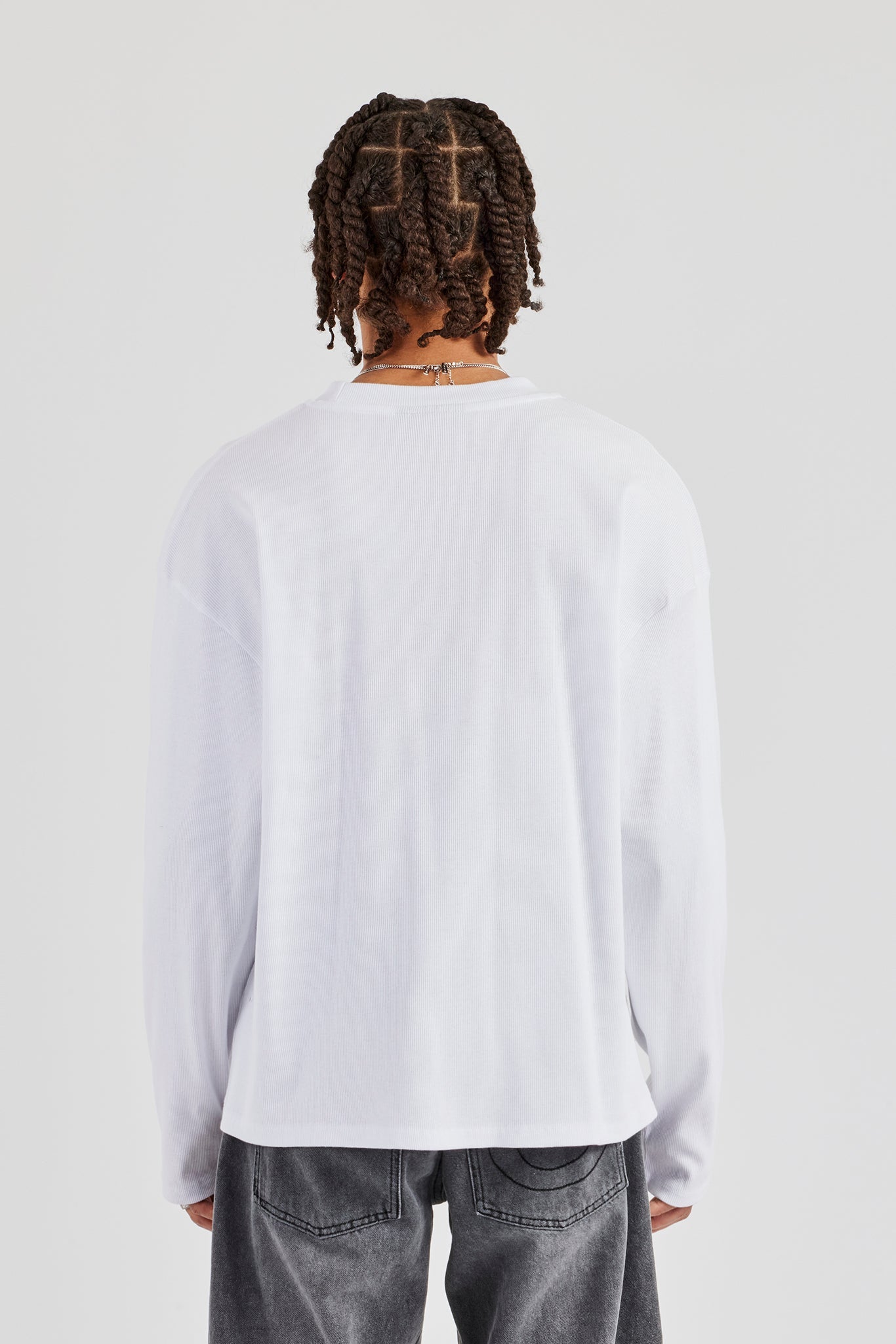 Ribbed Long Sleeve Embroidered T-Shirt - White