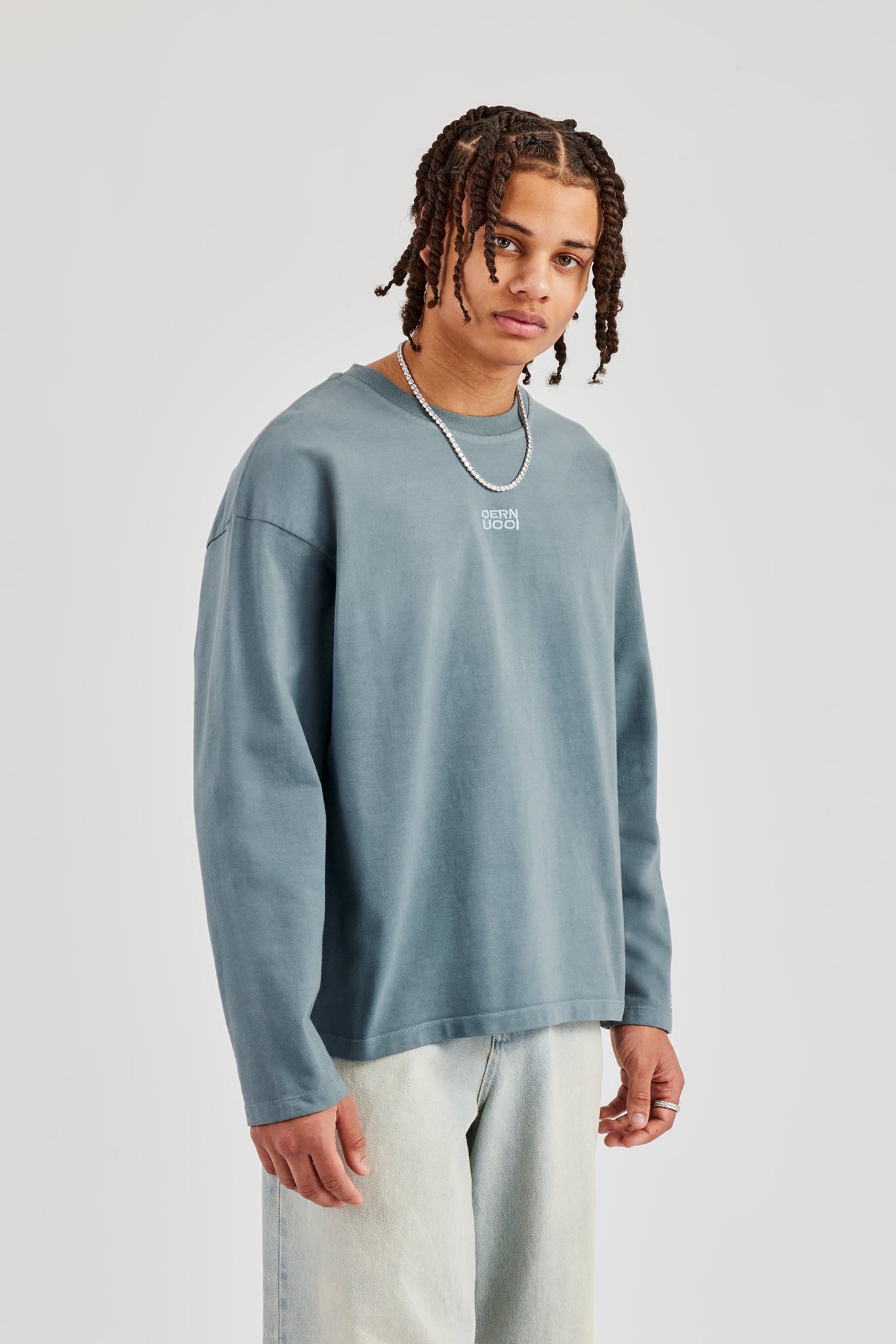 Washed Long Sleeve Embroidered T-Shirt - Blue