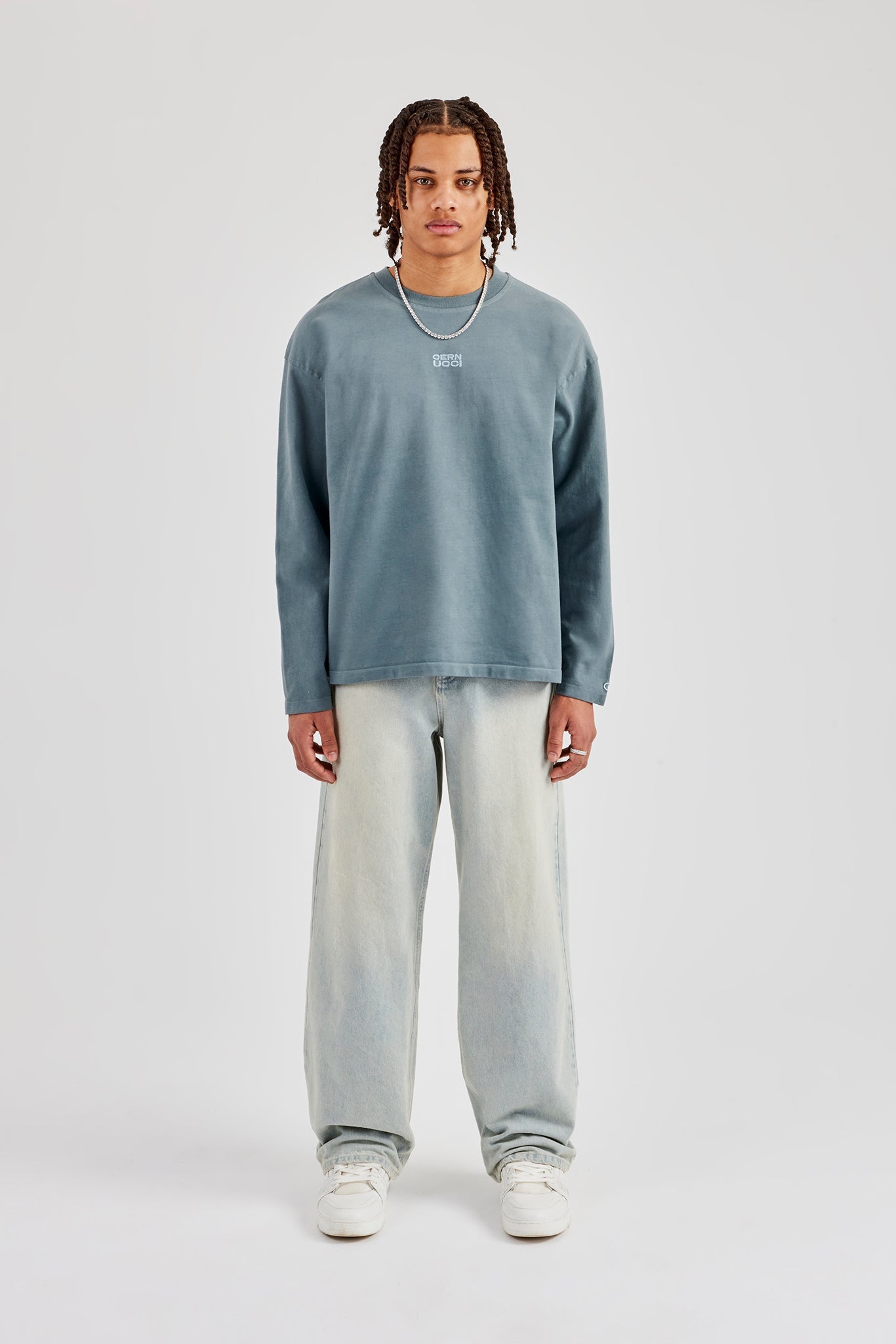 Washed Long Sleeve Embroidered T-Shirt - Blue