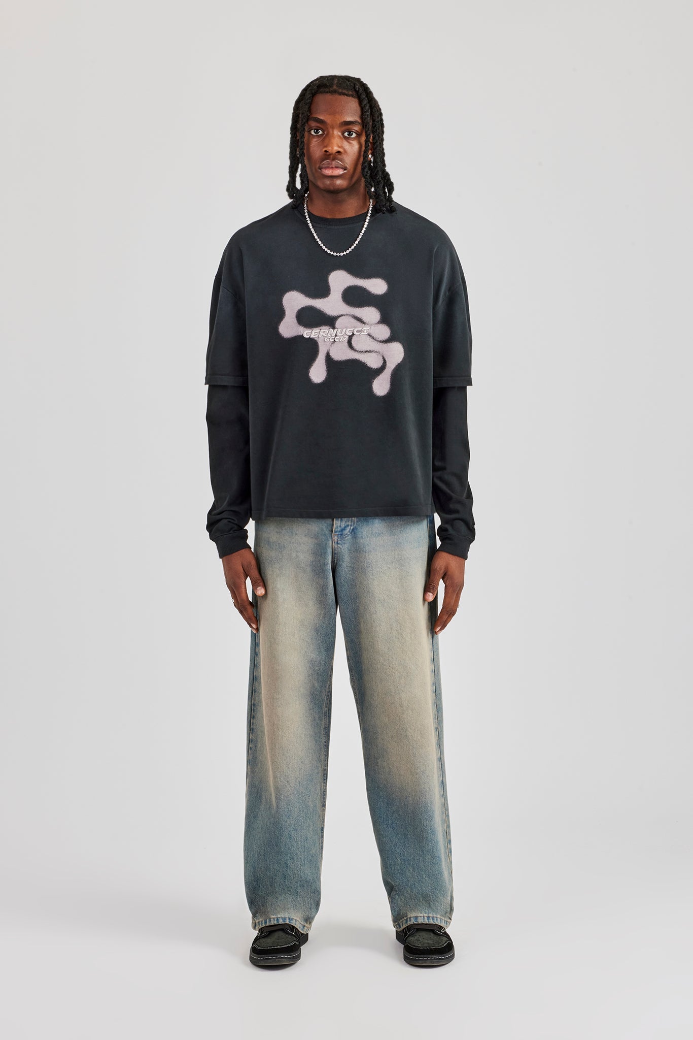 Washed Layered Long Sleeve T-Shirt - Black