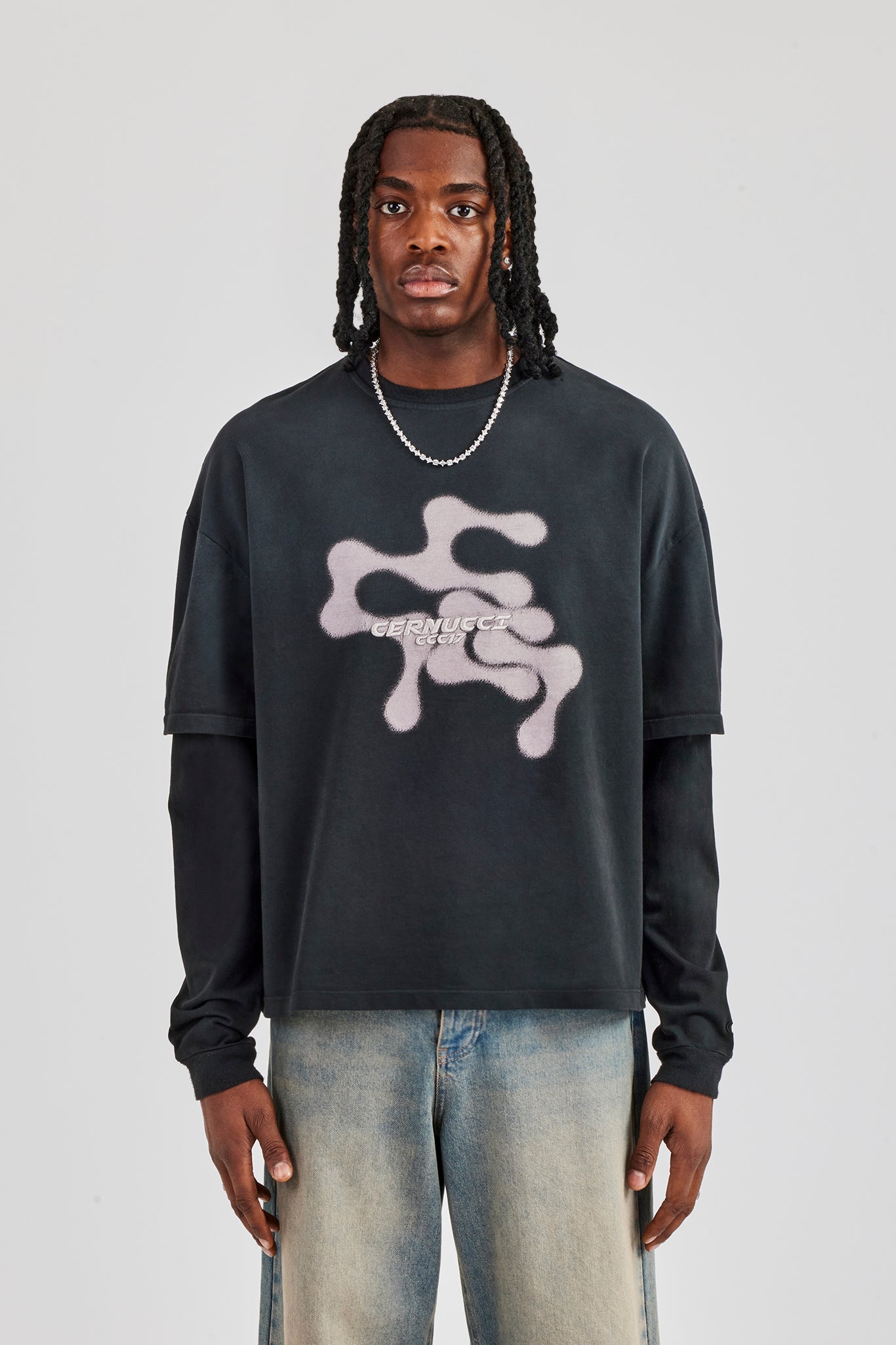 Washed Layered Long Sleeve T-Shirt - Black