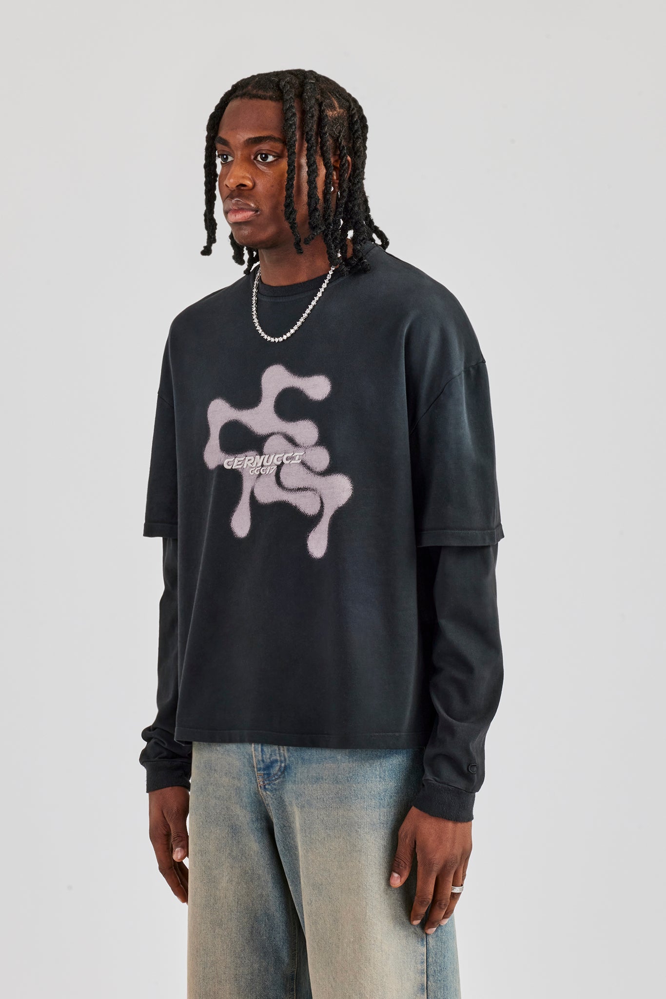 Washed Layered Long Sleeve T-Shirt - Black