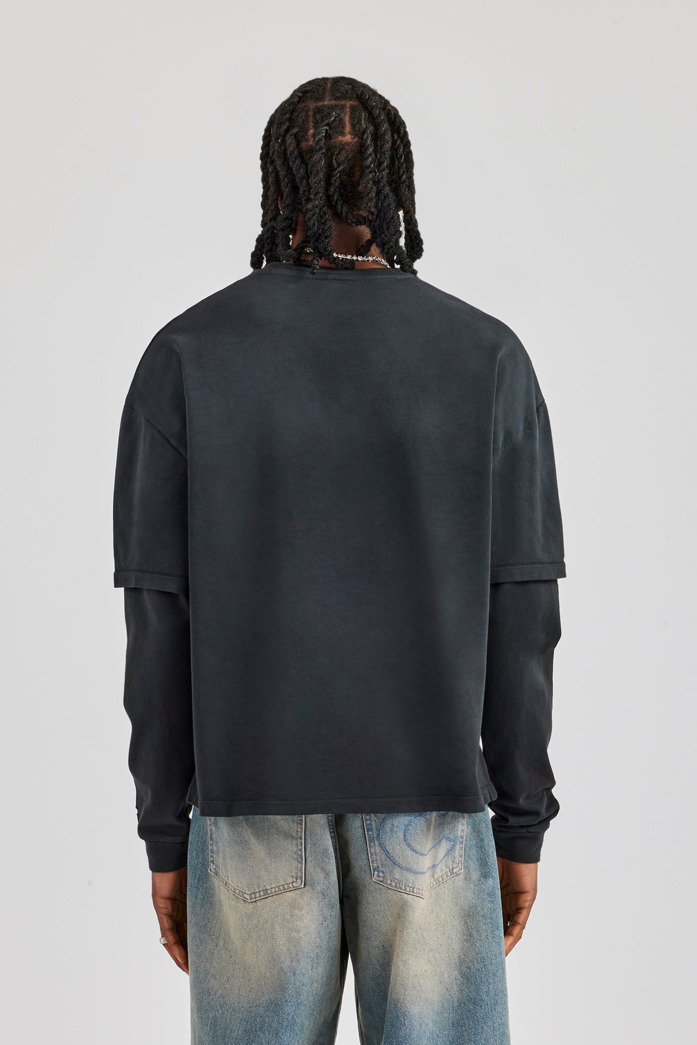 Washed Layered Long Sleeve T-Shirt - Black
