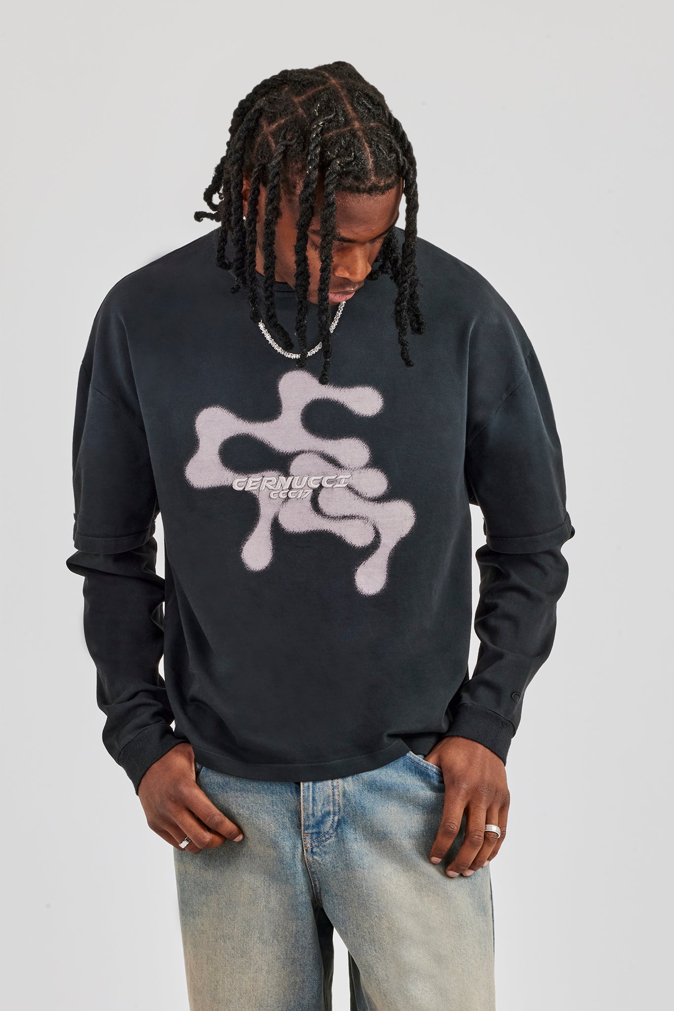 Washed Layered Long Sleeve T-Shirt - Black