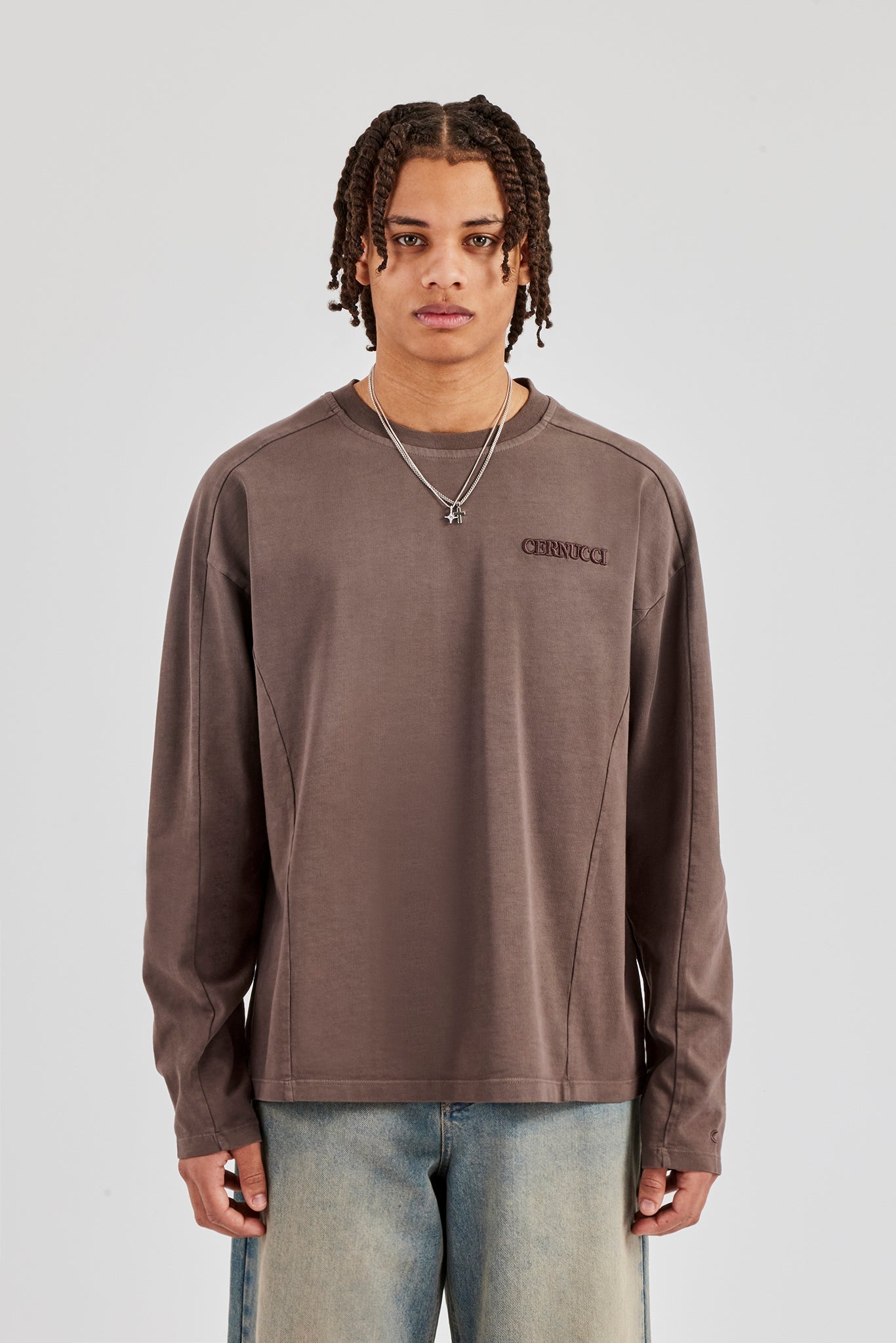 Washed Raw Edge Long Sleeve T-Shirt - Chocolate