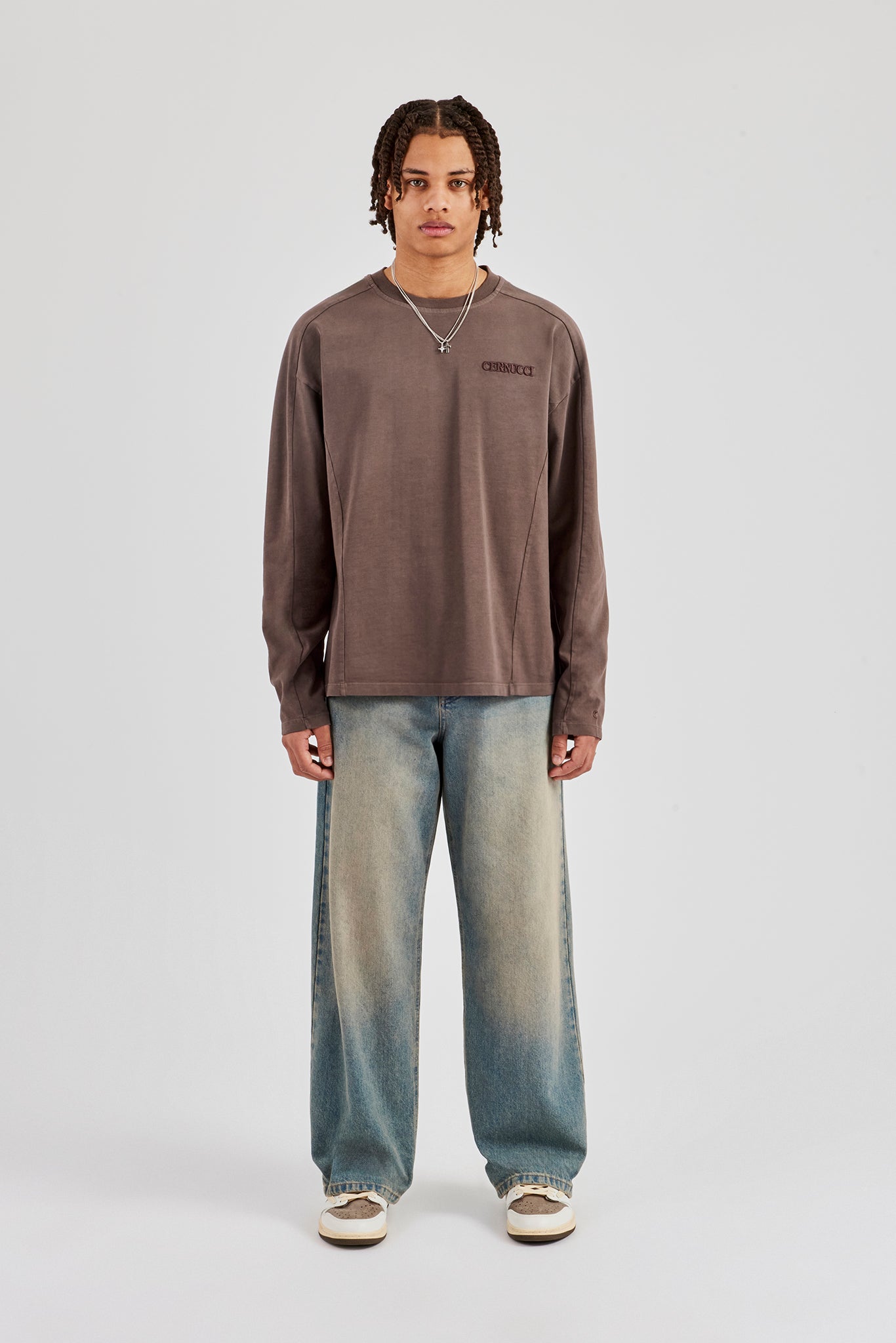 Washed Raw Edge Long Sleeve T-Shirt - Chocolate