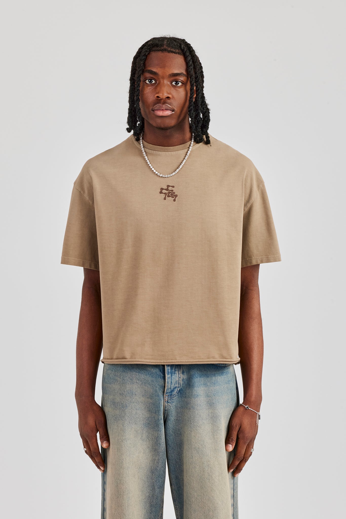 Chain Stitch Distressed Boxy T-Shirt - Taupe | Mens Tees & Vests
