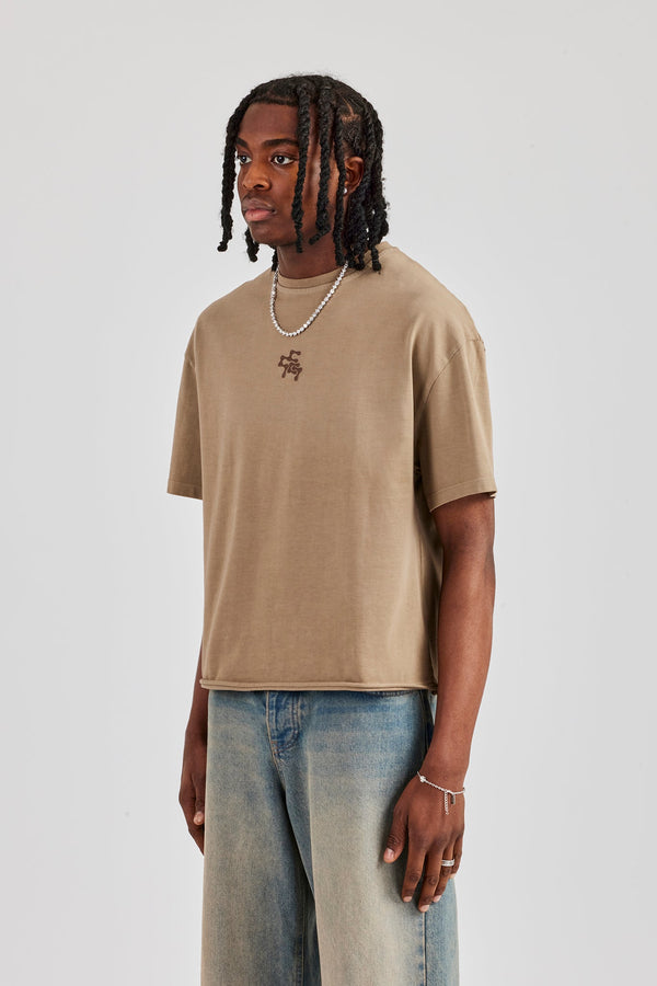 Chain Stitch Distressed Boxy T-Shirt - Taupe