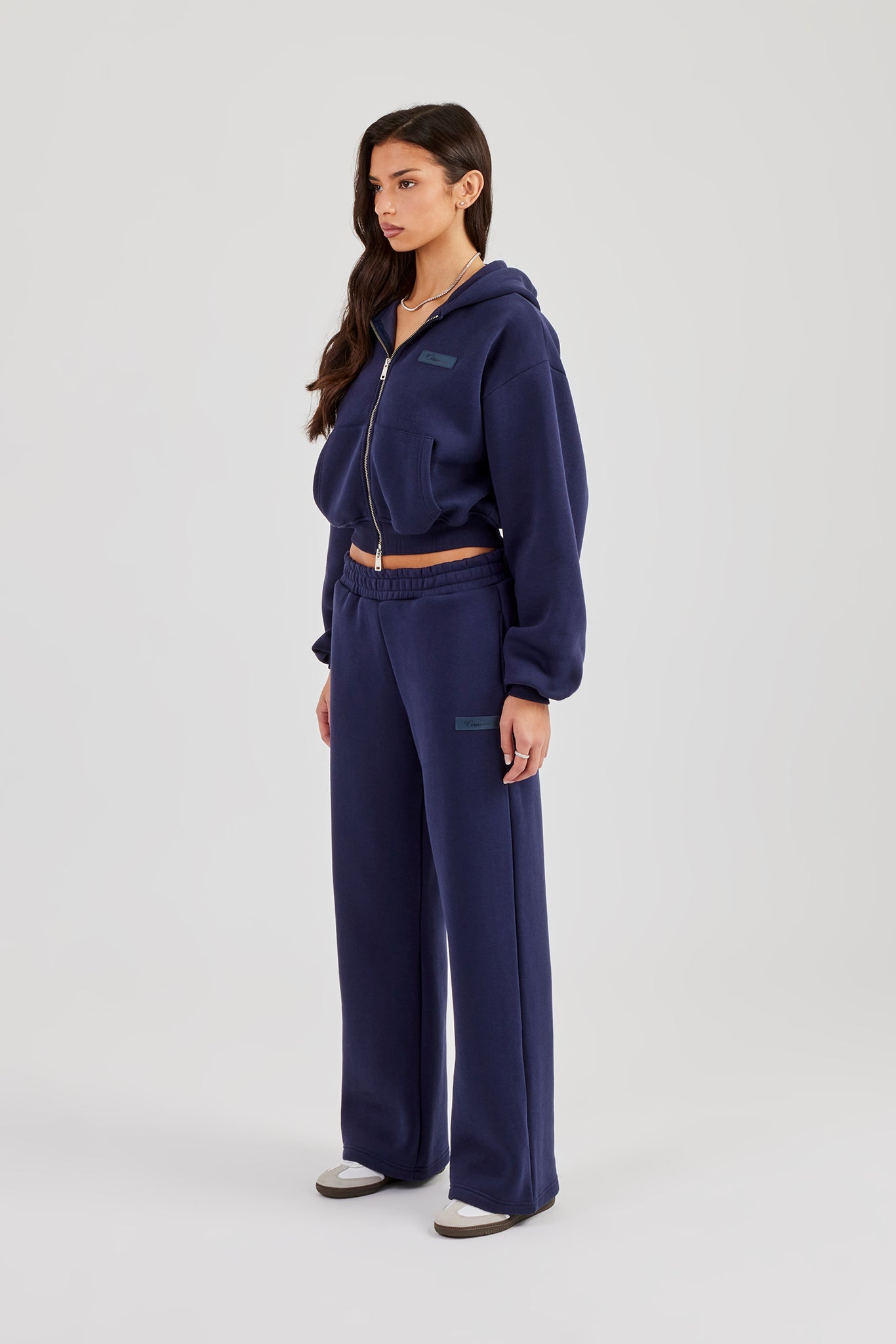 Logo Tab Boxy Zip Hoodie & Wide Leg Jogger - Navy Blue