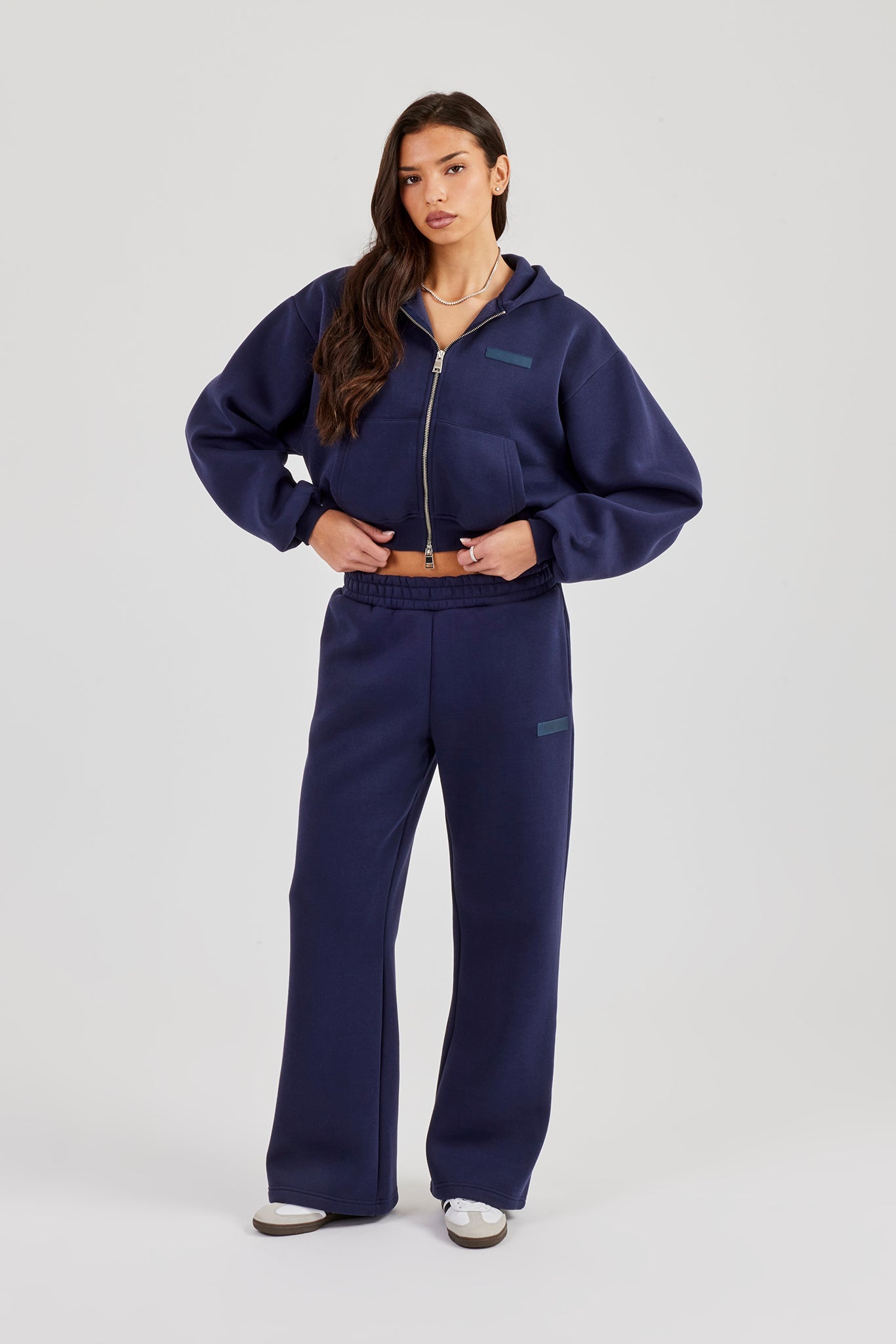 Logo Tab Boxy Zip Hoodie & Wide Leg Jogger - Navy Blue