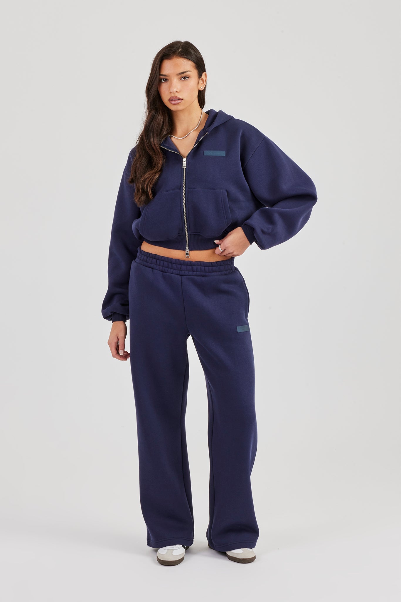 Logo Tab Boxy Zip Hoodie & Wide Leg Jogger - Navy Blue