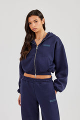 Logo Tab Boxy Zip Hoodie - Navy Blue