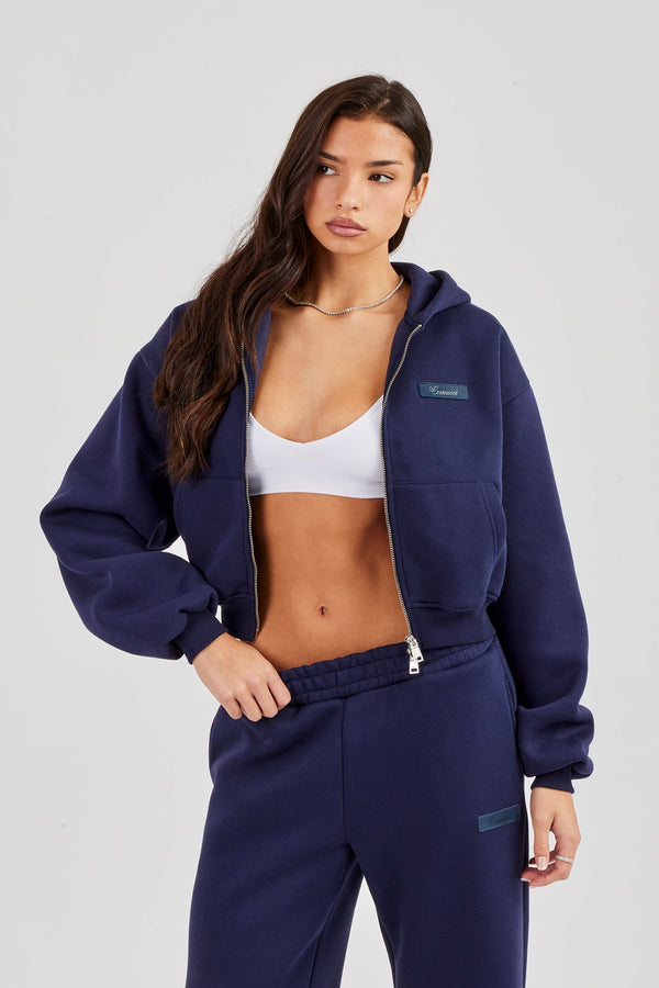 Logo Tab Boxy Zip Hoodie - Navy Blue