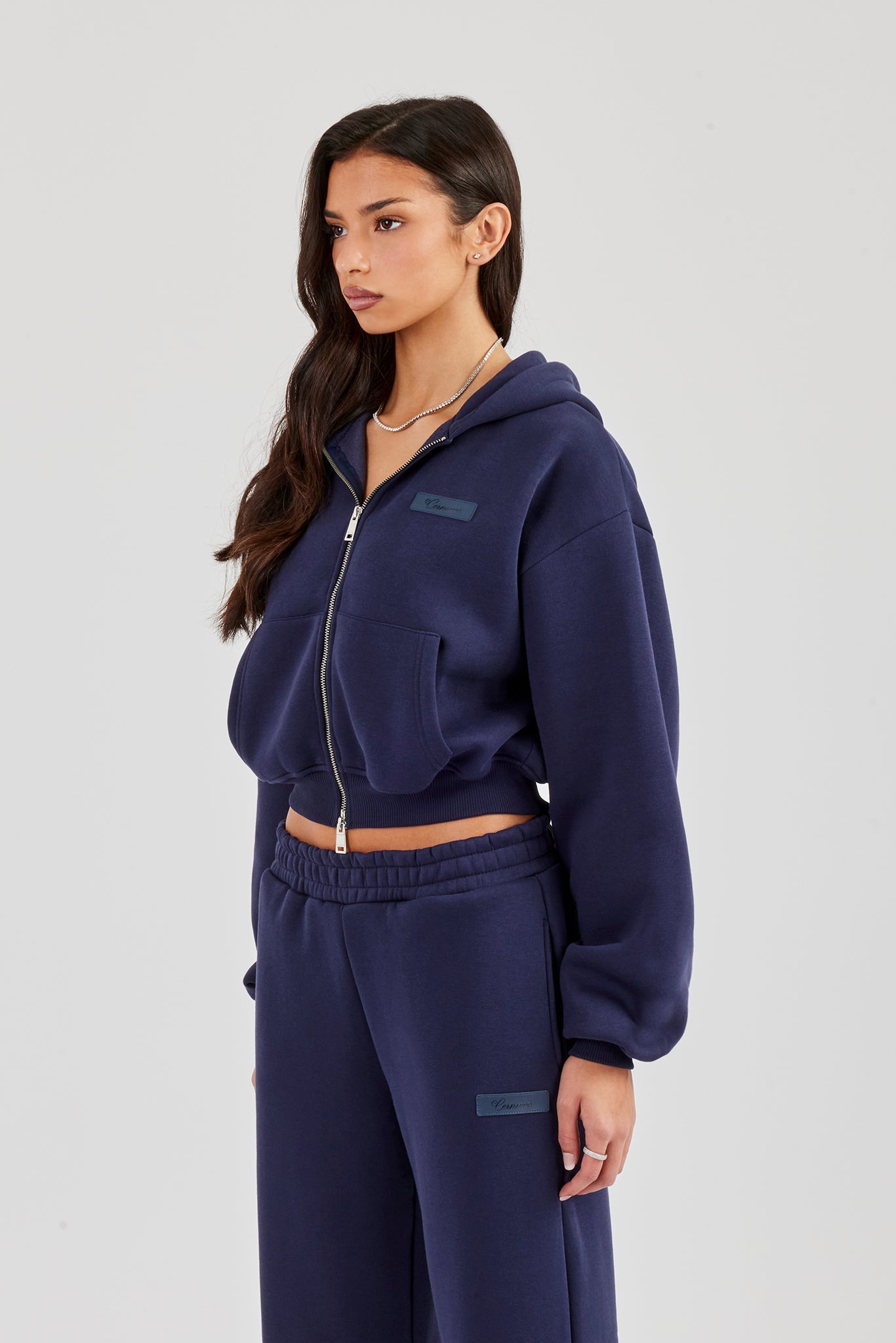 Logo Tab Boxy Zip Hoodie - Navy Blue