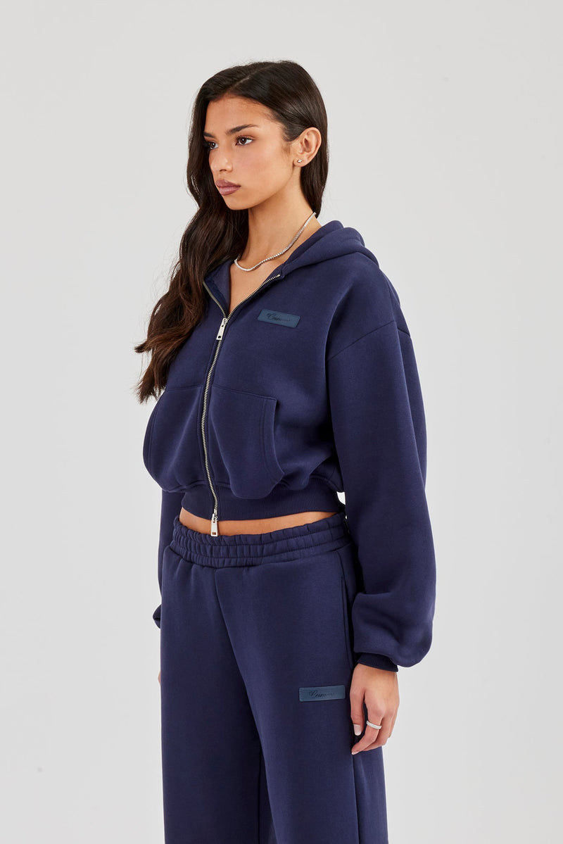 Logo Tab Boxy Zip Hoodie - Navy Blue