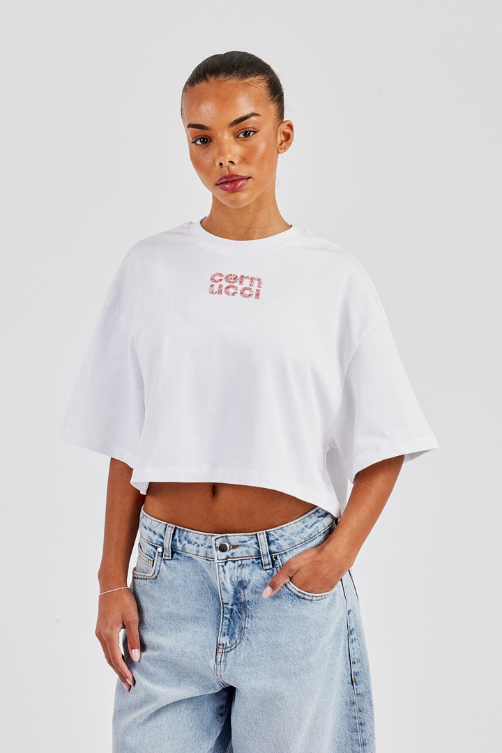 Glitter Applique Cropped T-Shirt - White