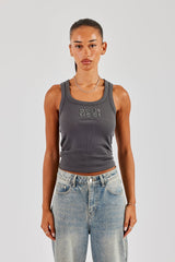 Glitter Applique Rib Scoop Neck Vest - Charcoal