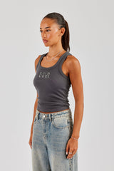 Glitter Applique Rib Scoop Neck Vest - Charcoal