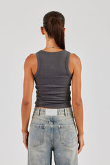 Glitter Applique Rib Scoop Neck Vest - Charcoal