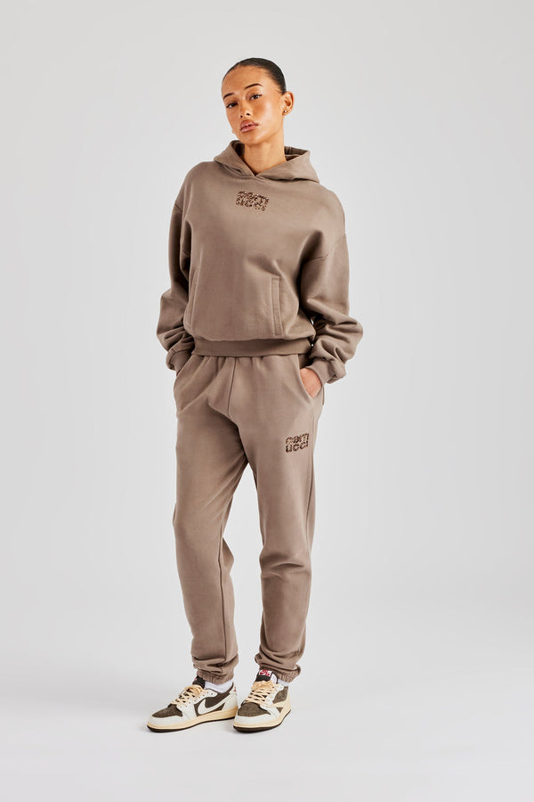 Glitter Applique Boxy Hoodie & Cuffed Jogger - Taupe