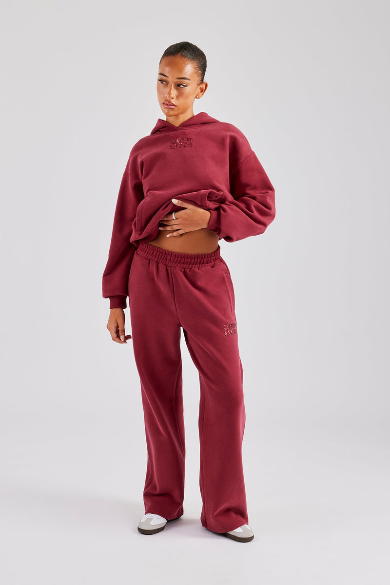 Glitter Applique Oversized Hoodie Tracksuit - Cherry Red