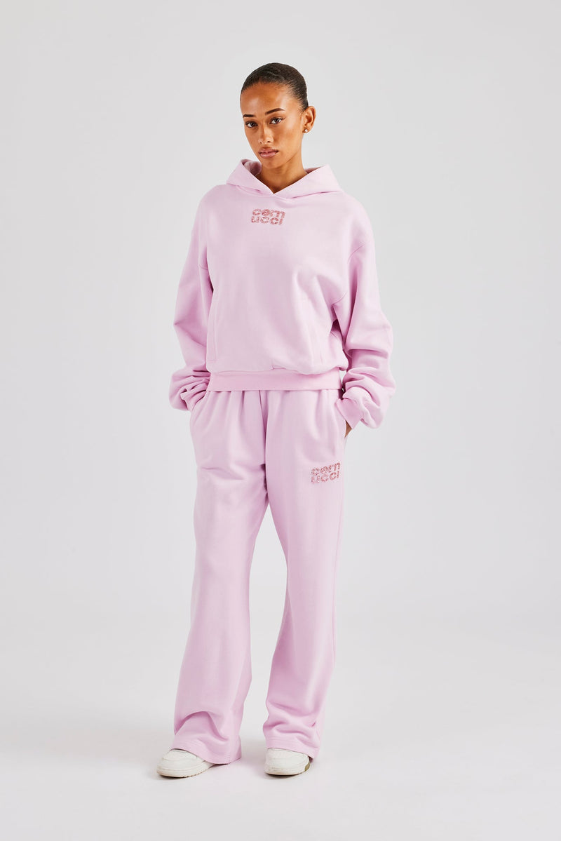 Glitter Applique Boxy Hooded Tracksuit  - Pink