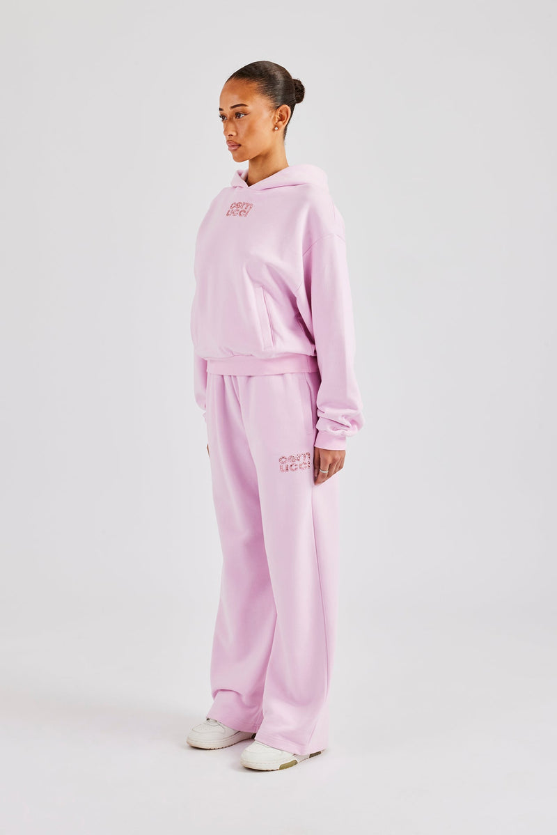 Glitter Applique Boxy Hooded Tracksuit  - Pink