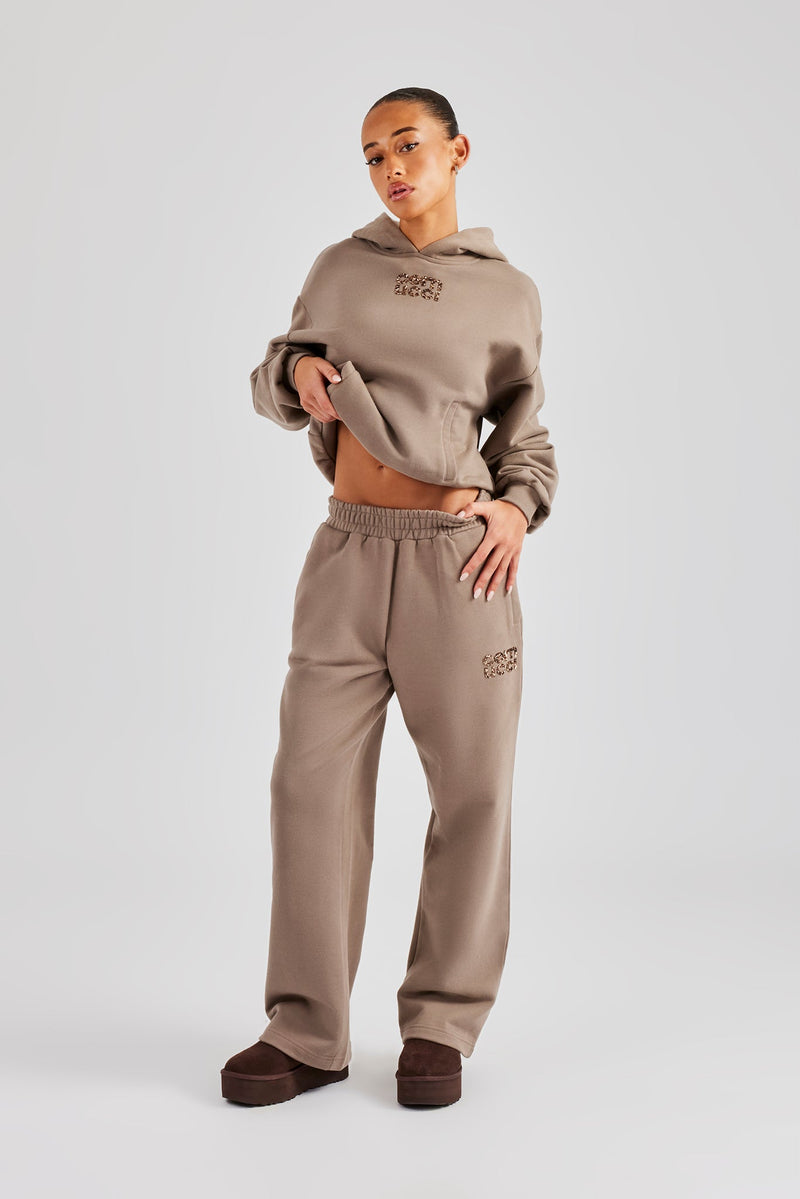 Glitter Applique Boxy Hooded Tracksuit  - Taupe