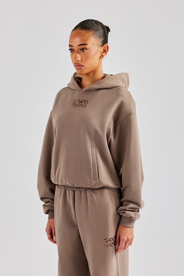 Glitter Applique Boxy Hoodie - Taupe