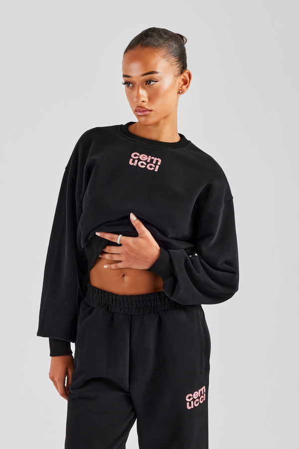 Glitter Applique Cropped Sweatshirt - Black