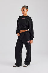 Glitter Applique Cropped Sweatshirt Tracksuit - Black