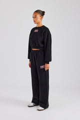 Glitter Applique Cropped Sweatshirt Tracksuit - Black