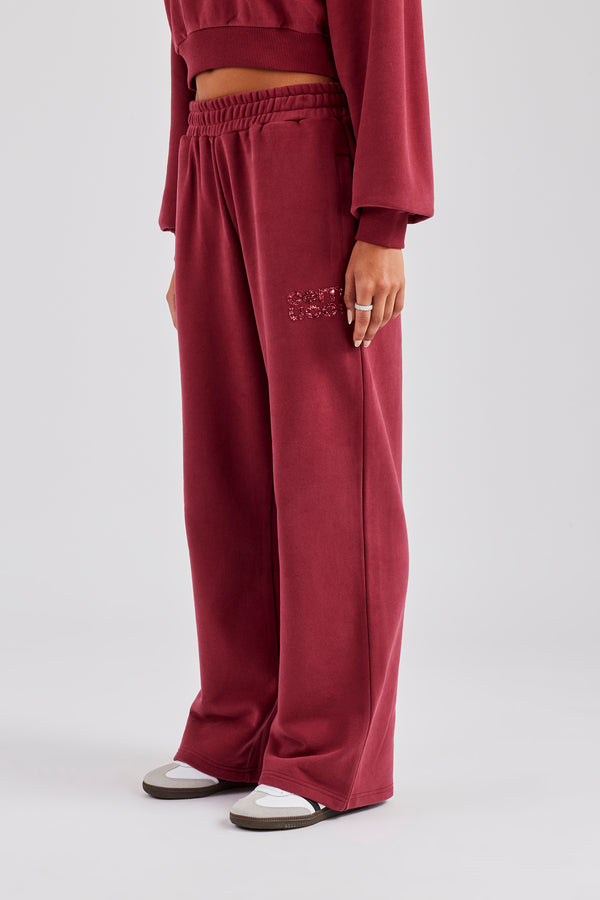 Glitter Applique Wide Leg Jogger - Cherry Red