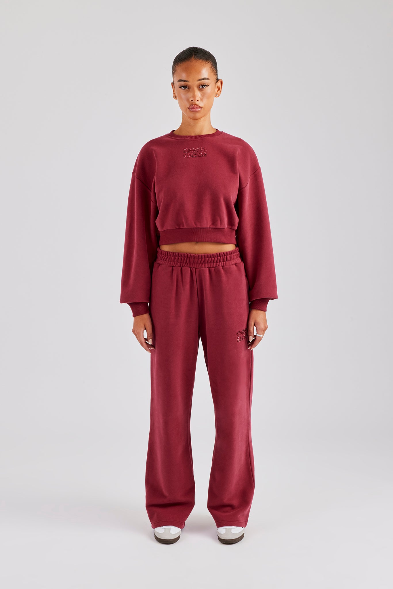 Glitter Applique Cropped Sweatshirt Tracksuit - Cherry Red