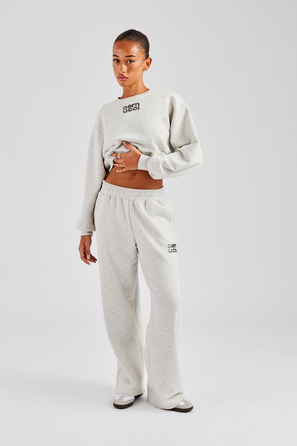 Glitter Applique Cropped Sweatshirt Tracksuit - Grey Marl