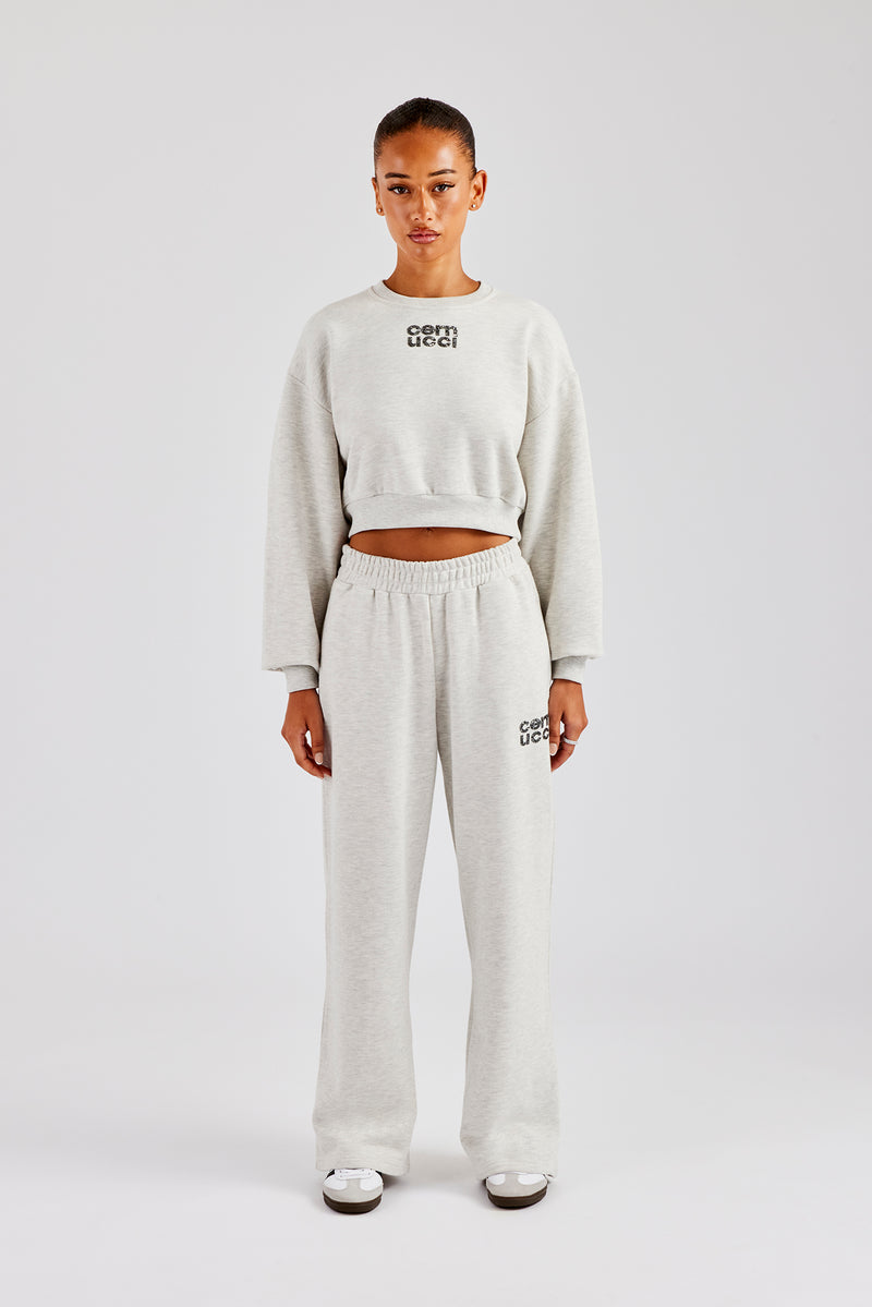 Glitter Applique Cropped Sweatshirt Tracksuit - Grey Marl