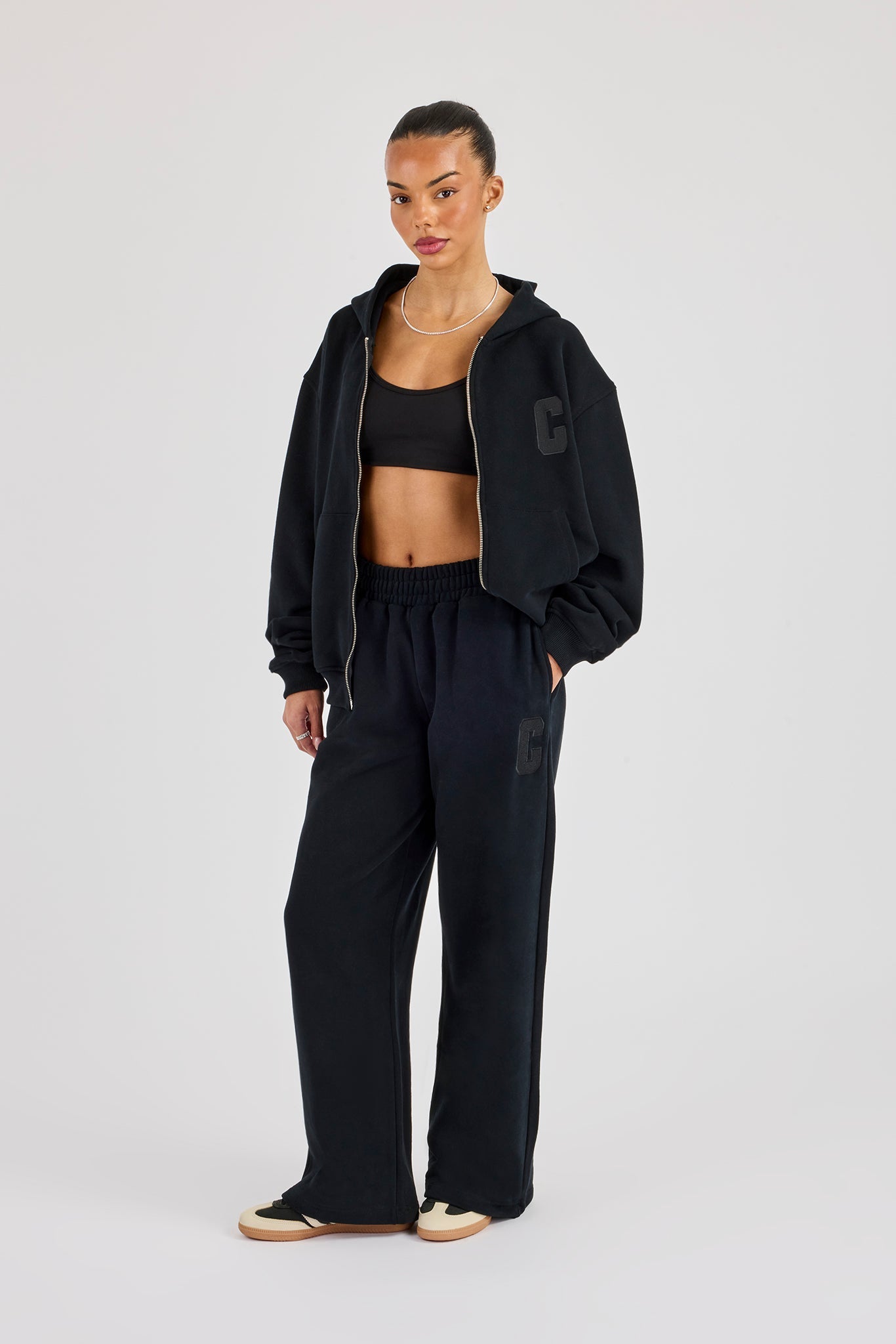 C Embroidered Zip Through Hoodie & Wide Leg Jogger - Black