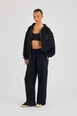 C Embroidered Zip Through Hoodie & Wide Leg Jogger - Black
