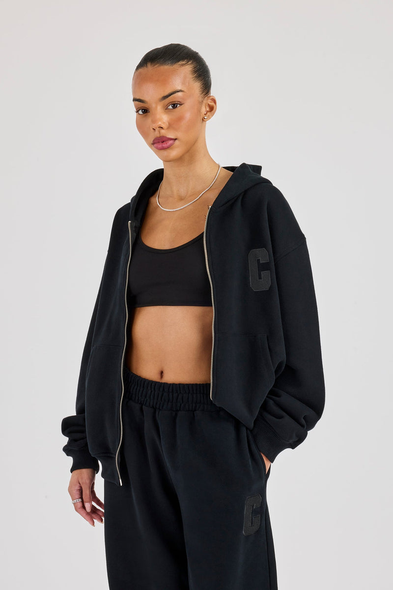 C Embroidered Zip Through Hoodie - Black