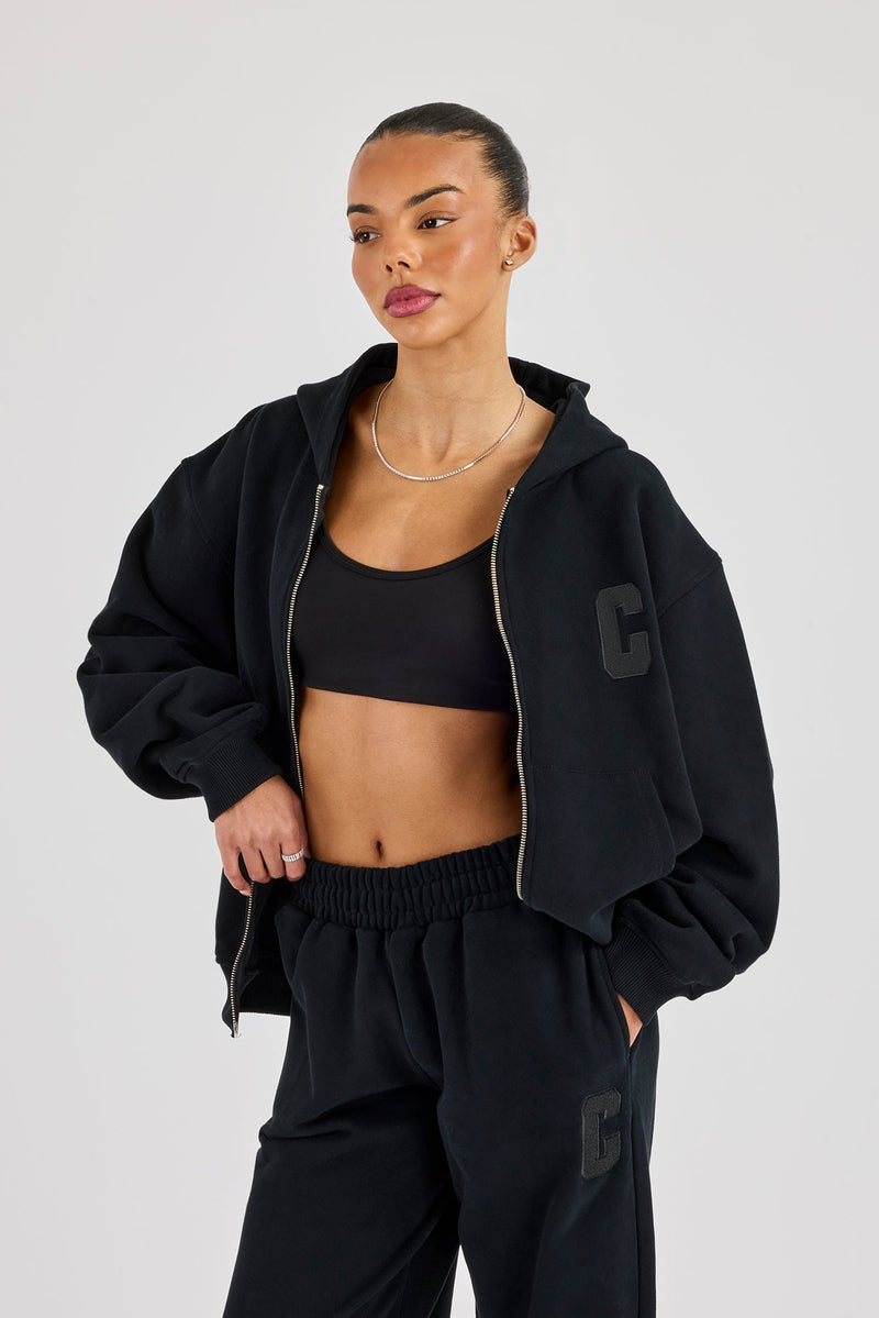C Embroidered Zip Through Hoodie - Black