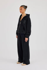 C Embroidered Zip Through Hoodie & Wide Leg Jogger - Black