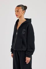 C Embroidered Zip Through Hoodie - Black