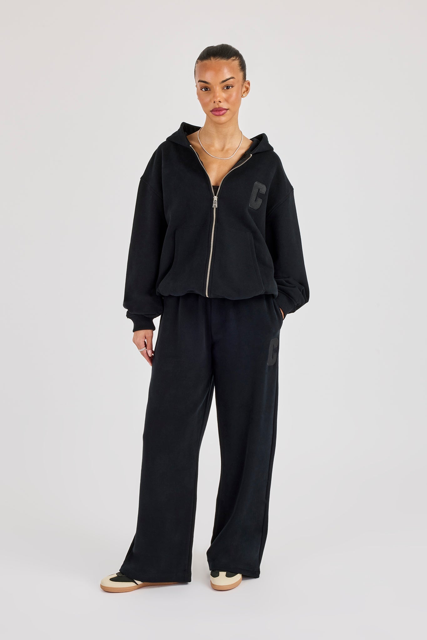 C Embroidered Wide Leg Jogger - Black
