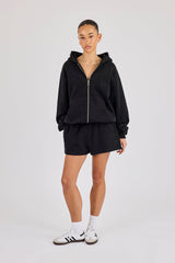 C Embroidered Zip Through Hoodie & Short - Black