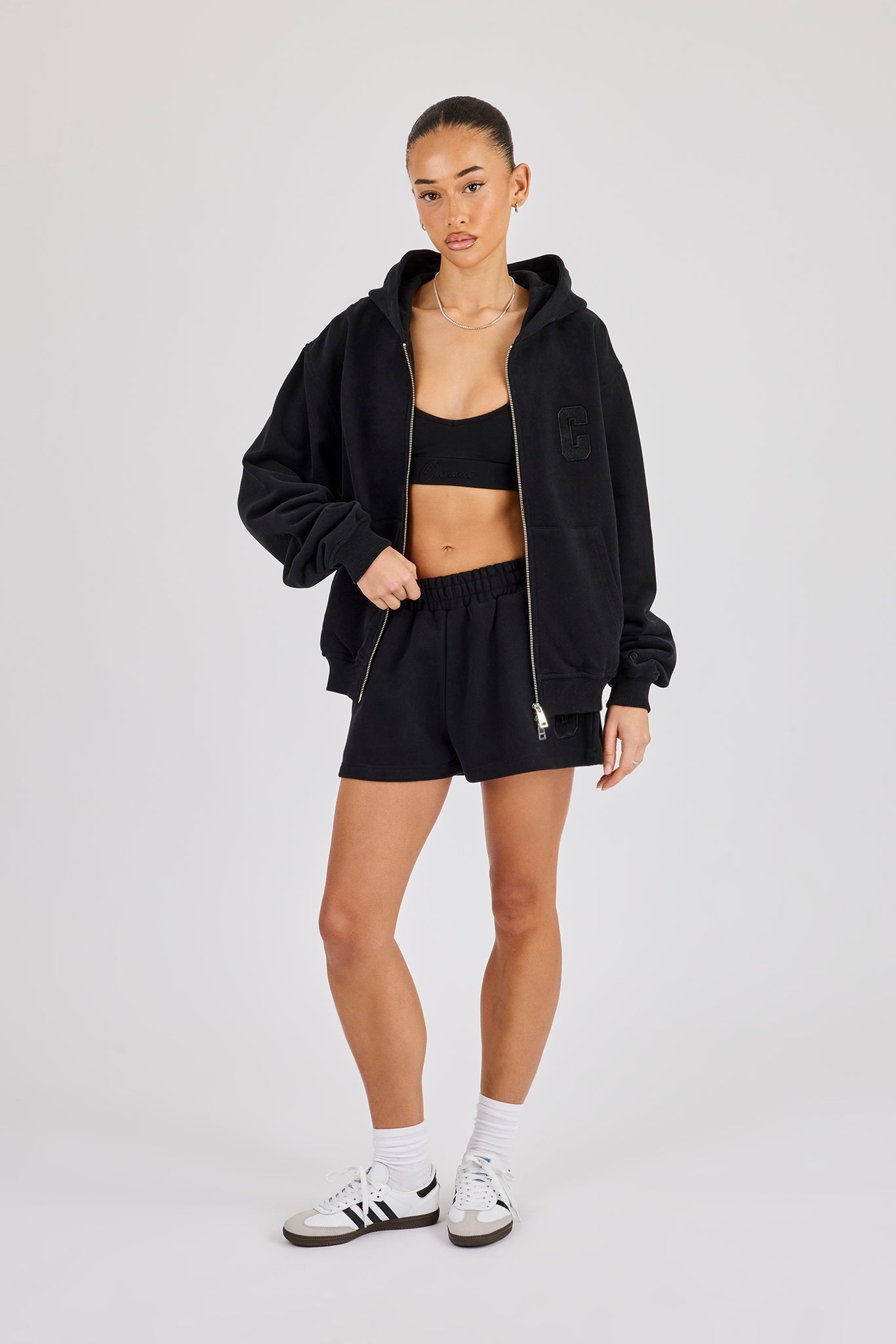 C Embroidered Zip Through Hoodie & Short - Black