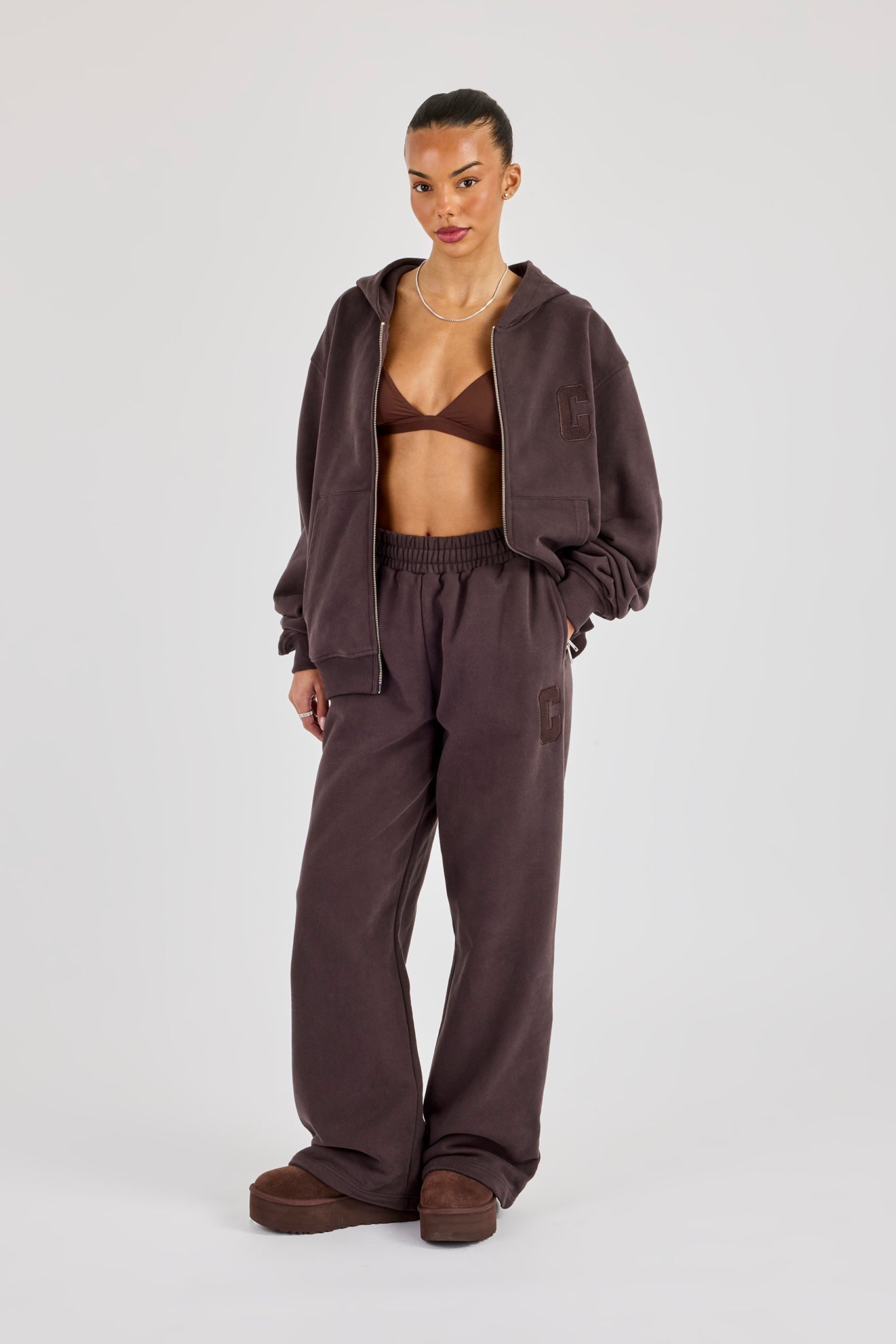 C Embroidered Zip Through Hoodie & Wide Leg Jogger - Coffee