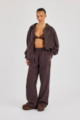 C Embroidered Zip Through Hoodie & Wide Leg Jogger - Coffee